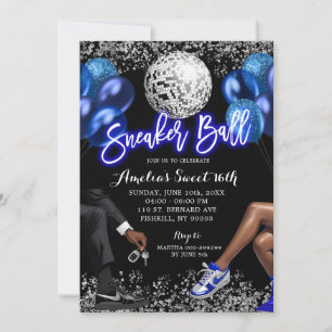 Royal Blue and Silver Disco Sneaker Ball Birthday Invitation