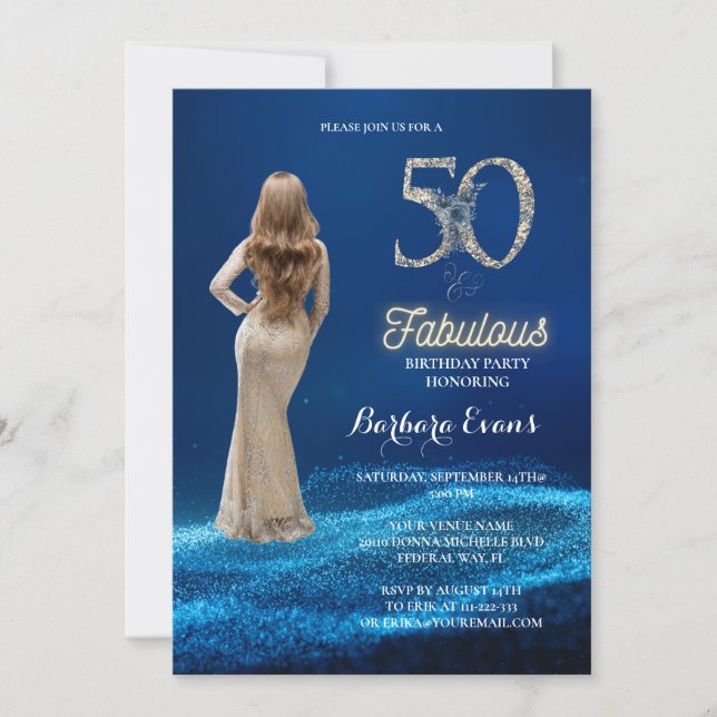 Royal Blue And Silver Fifty And Fabulous Birthday  Invitation (Front)