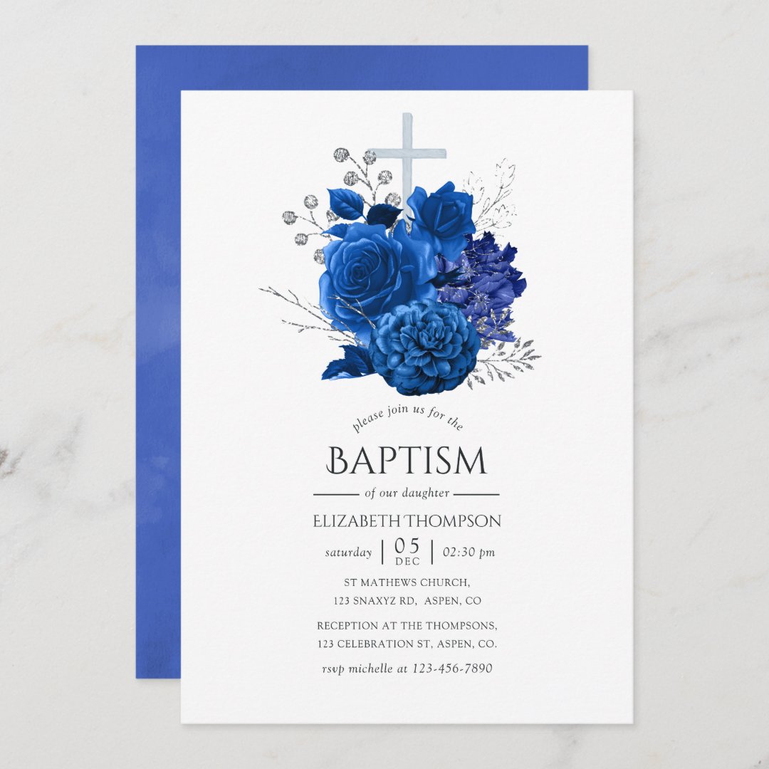 Royal Blue and Silver Floral Baptism Invitation | Zazzle