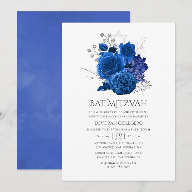 Royal Blue and Silver Floral Bat Mitzvah Invitation (Front/Back)