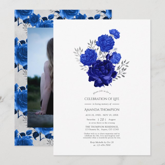 Royal Blue and Silver Floral Celebration of Life Invitation (Front/Back)