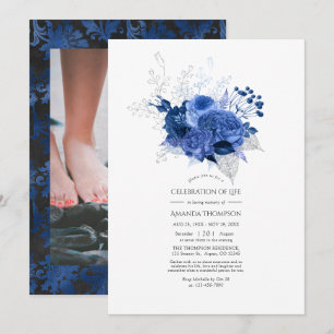 Royal Blue and Silver Floral Celebration of Life Invitation