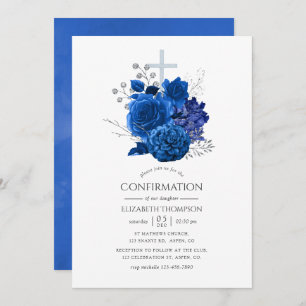 Royal Blue and Silver Floral Confirmation Invitation