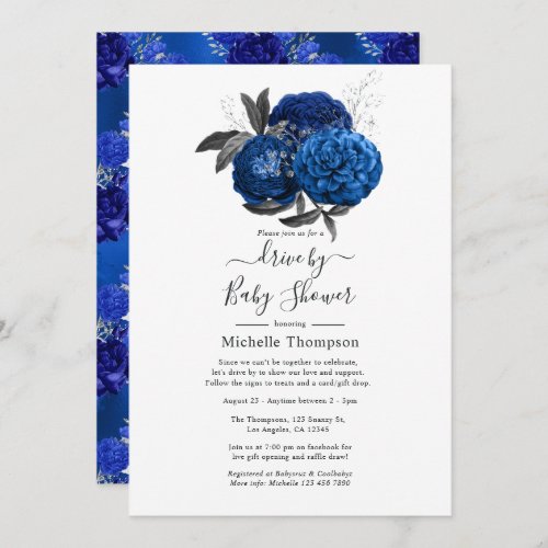 Royal Blue and Silver Floral Drive By Shower Invitation