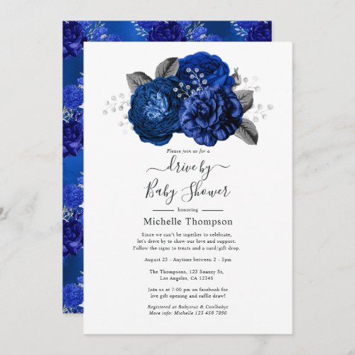 Royal Blue and Silver Floral Drive By Shower Invitation