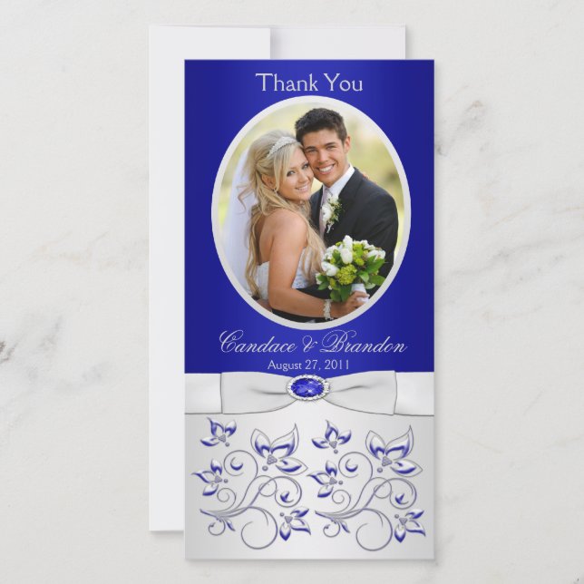 Royal Blue and Silver Floral Photo Card (Front)