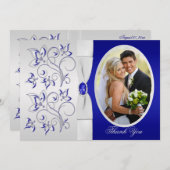 Royal Blue and Silver Floral Photo Thank You Card (Front/Back)