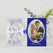 Royal Blue and Silver Floral Photo Thank You Card (Standing Front)