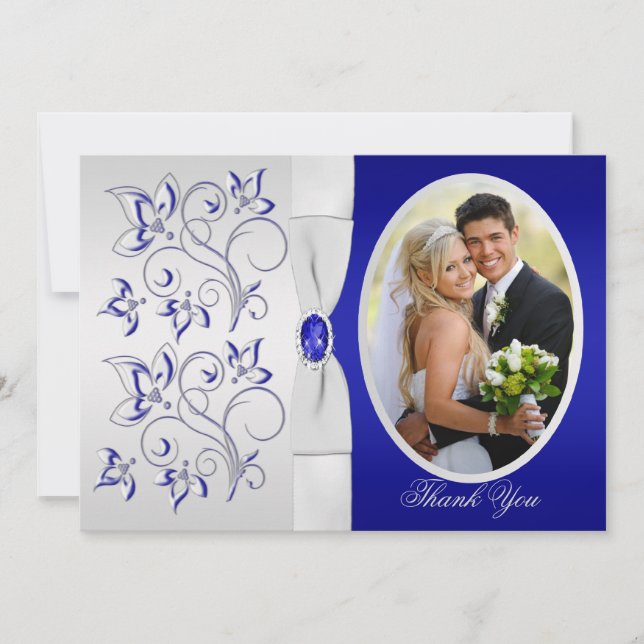 Royal Blue and Silver Floral Photo Thank You Card (Front)
