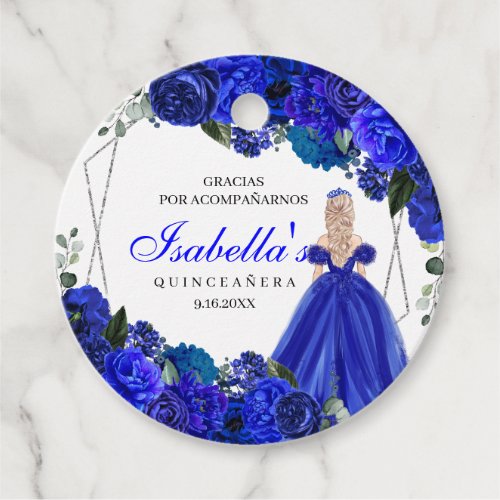 Royal Blue and Silver Floral Quinceanera Circle Fa Favor Tags