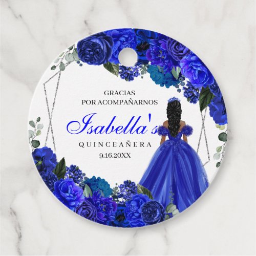 Royal Blue and Silver Floral Quinceanera Circle Fa Favor Tags