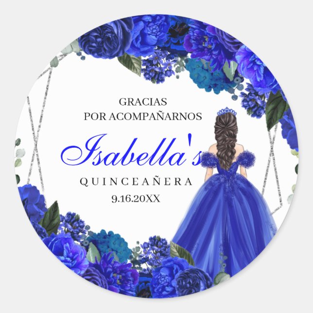 Royal Blue and Silver Floral Quinceanera Classic Round Sticker (Front)