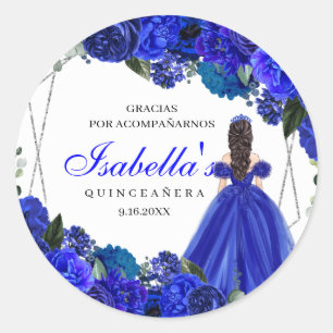 Royal Blue and Silver Floral Quinceanera Classic Round Sticker