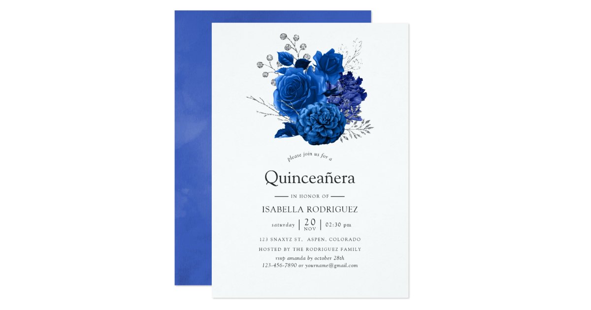 Royal Blue and Silver Floral Quinceañera Invitation | Zazzle.com