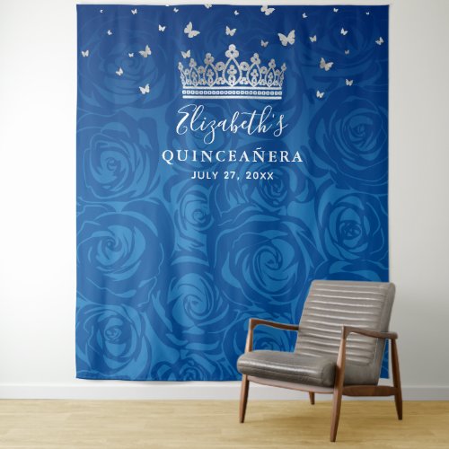 Royal Blue and Silver Floral Quinceanera Photo Tapestry