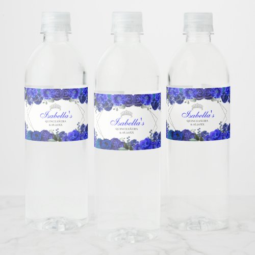 Royal Blue and Silver Floral Quinceanera Water Bottle Label