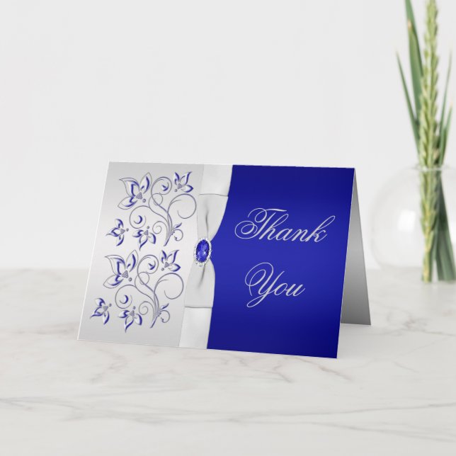Royal Blue and Silver Floral Thank You Card (Front)