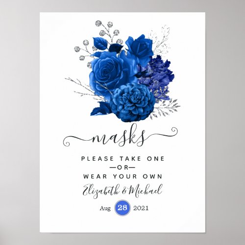 Royal Blue and Silver Floral Wedding Face Masks Poster
