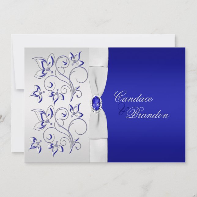 Royal Blue and Silver Floral Wedding Invitation (Front)