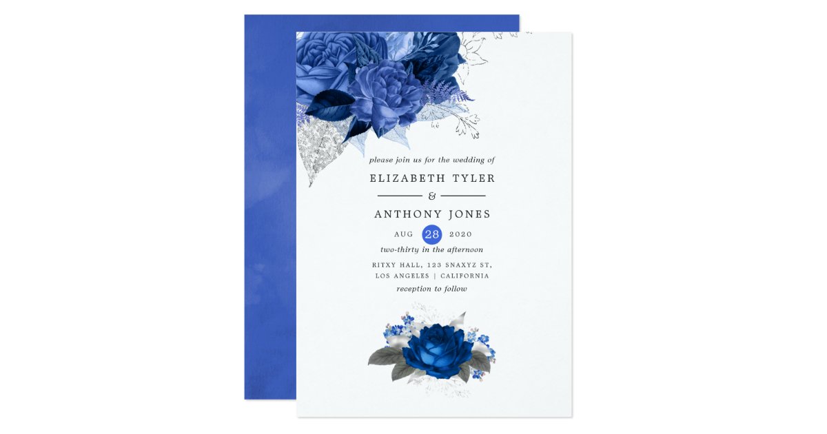 Royal Blue and Silver Floral Wedding Invitation