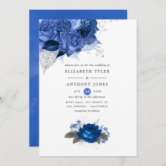 Royal Blue and Silver Wedding Invitation templates Floral