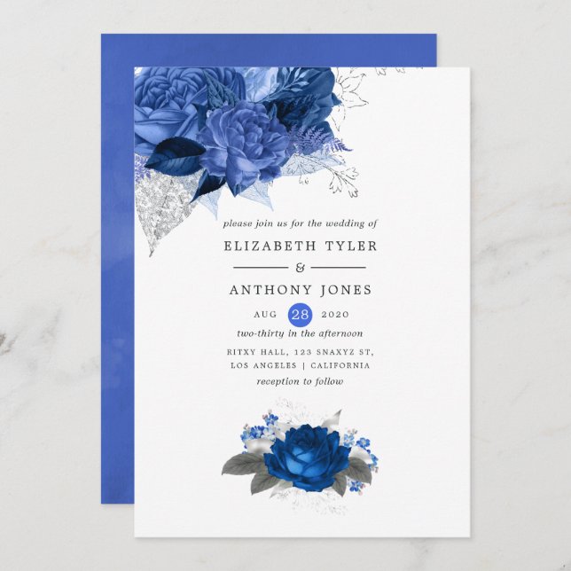 Royal Blue and Silver Floral Wedding Invitation (Front/Back)