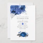 Royal Blue and Silver Floral Wedding Invitation (Front)