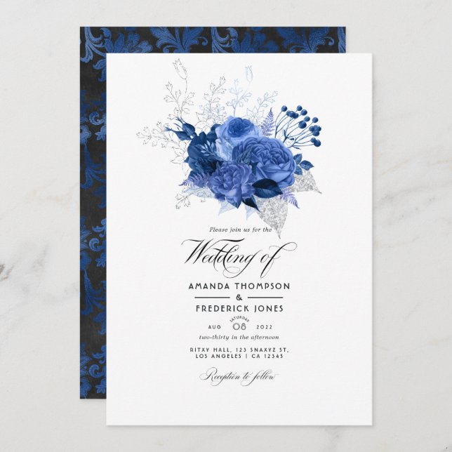 Royal Blue and Silver Floral Wedding Photo Invitation (Front/Back)