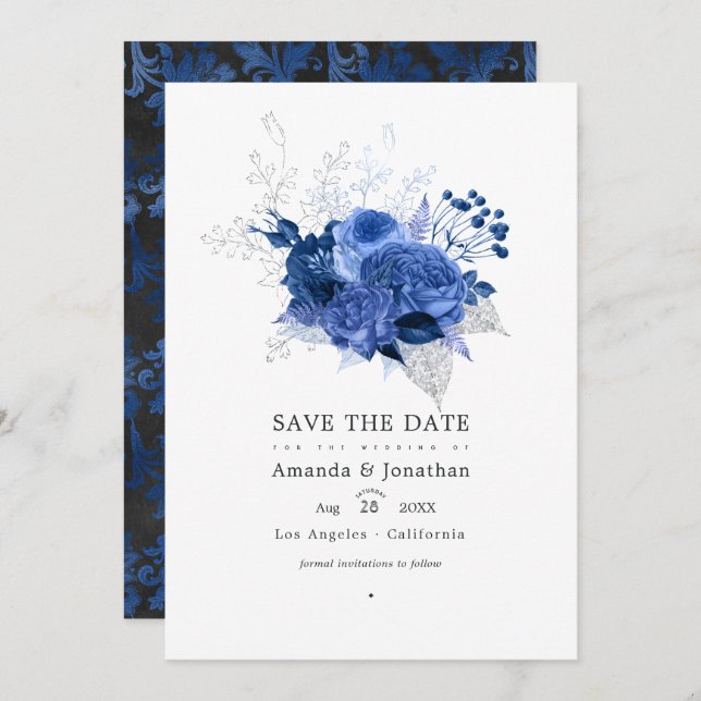 Royal Blue and Silver Floral Wedding Photo Save The Date (Front/Back)