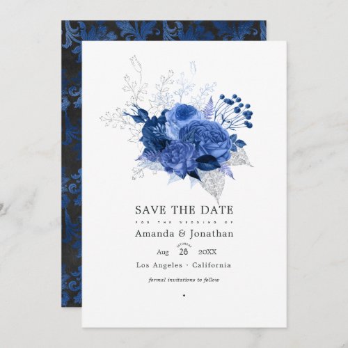 Royal Blue and Silver Floral Wedding Photo Save The Date