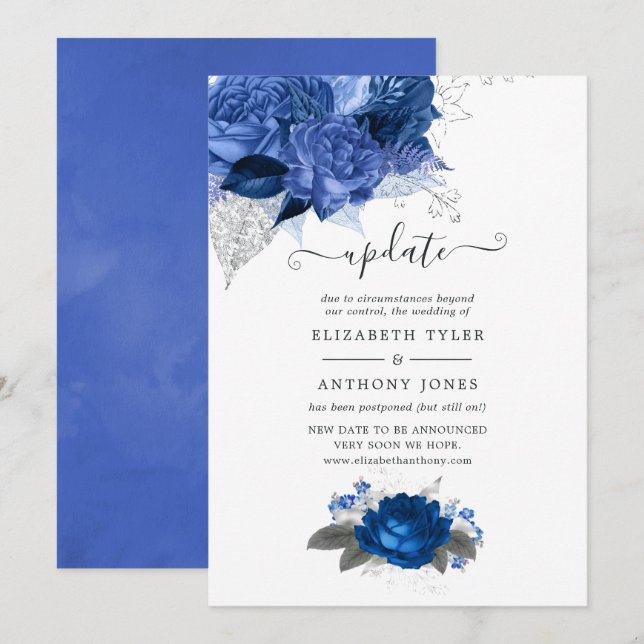 Royal Blue and Silver Floral Wedding Update Invitation (Front/Back)