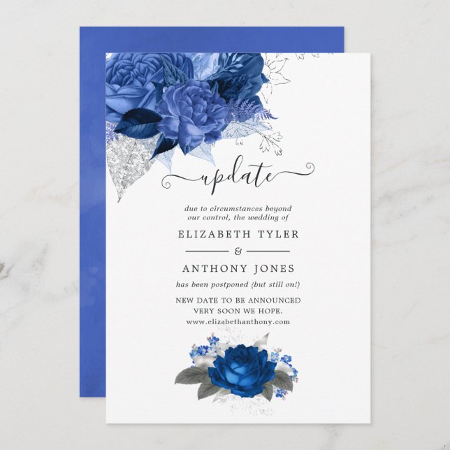 Royal Blue and Silver Floral Wedding Update Invitation (Front/Back)