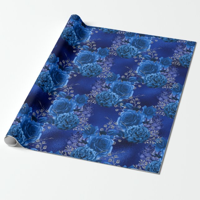 Royal Blue and Silver Floral Wrapping Paper (Unrolled)