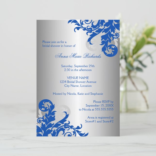 Royal Blue and Silver Flourish Bridal Shower Invitation (Standing Front)