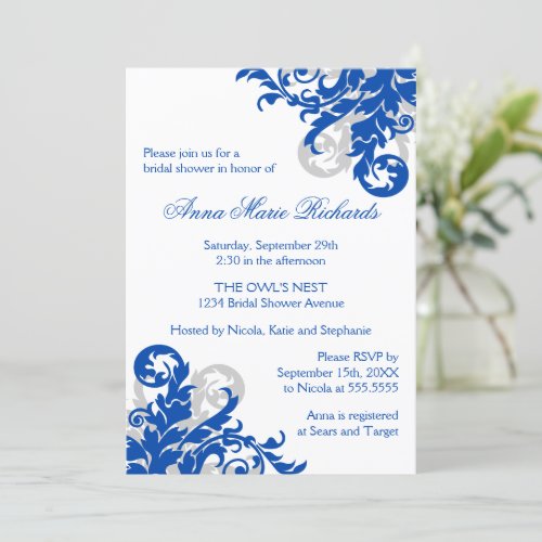 Royal Blue and Silver Flourish Bridal Shower Personalized Announcement