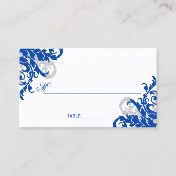 Royal Blue And Silver Flourish Place Card by SocialiteDesigns at Zazzle