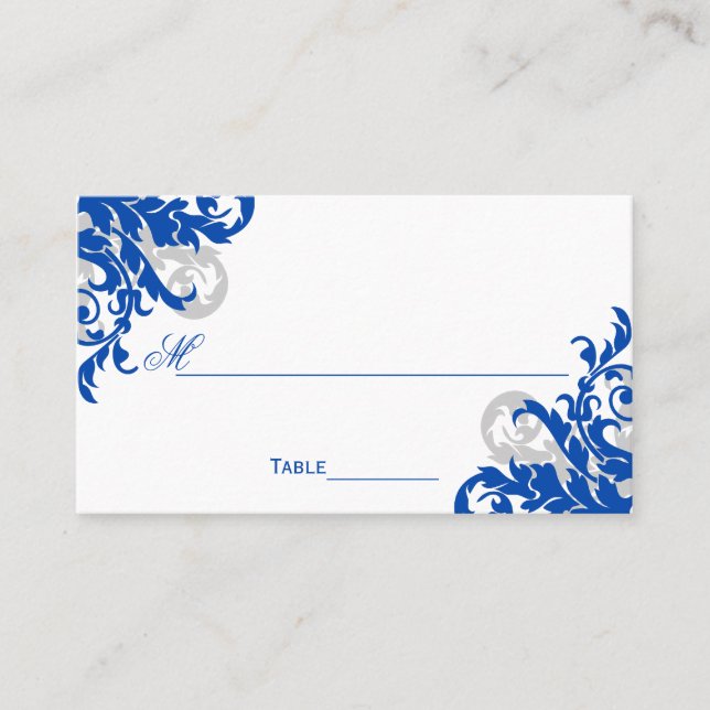 Royal Blue and Silver Flourish Place Card (Front)