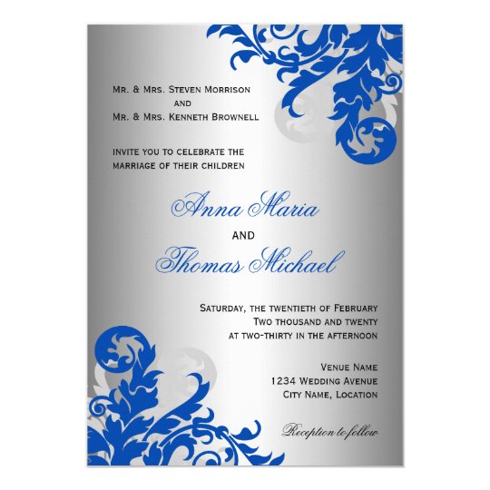 Royal Blue and Silver Flourish Wedding Card Zazzle.com