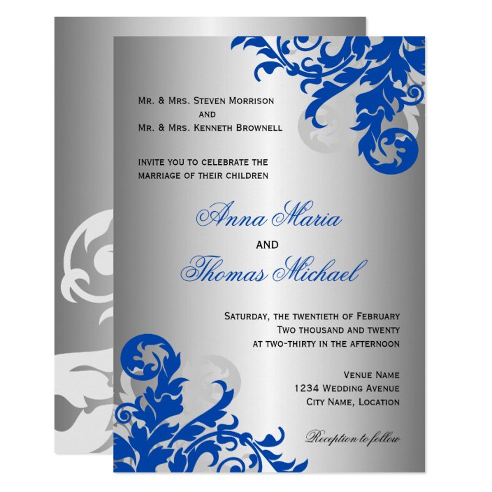 Royal Blue And Silver Flourish Wedding Invitation