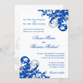 Royal Blue and Silver Flourish Wedding Invitation (Front/Back)