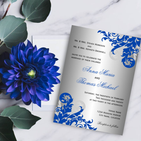 Royal Blue And Silver Flourish Wedding Invitation