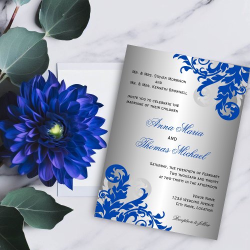 Royal Blue and Silver Flourish Wedding Invitation