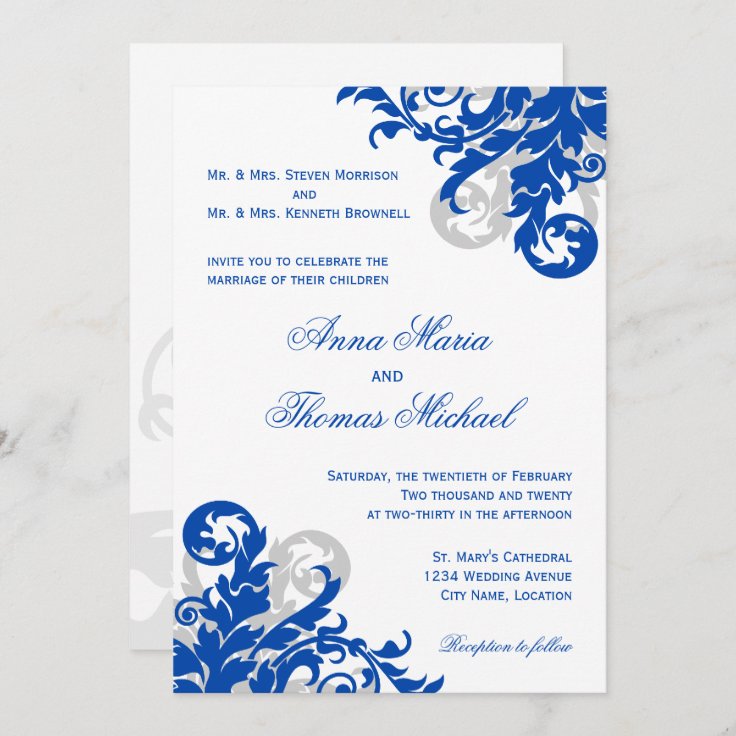 Royal Blue and Silver Flourish Wedding Invitation | Zazzle