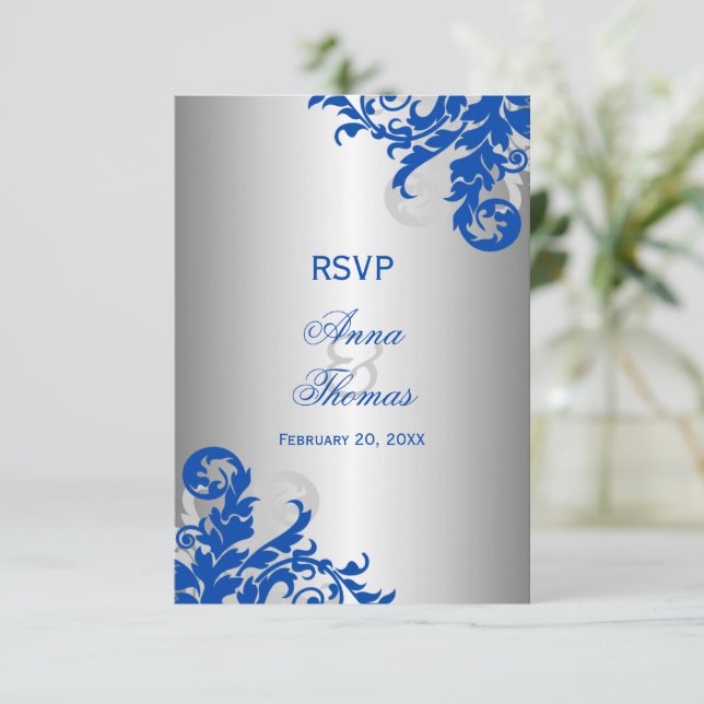 Royal Blue and Silver Flourish Wedding RSVP (Standing Front)
