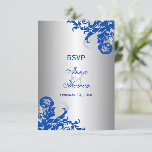 Royal Blue and Silver Flourish Wedding RSVP