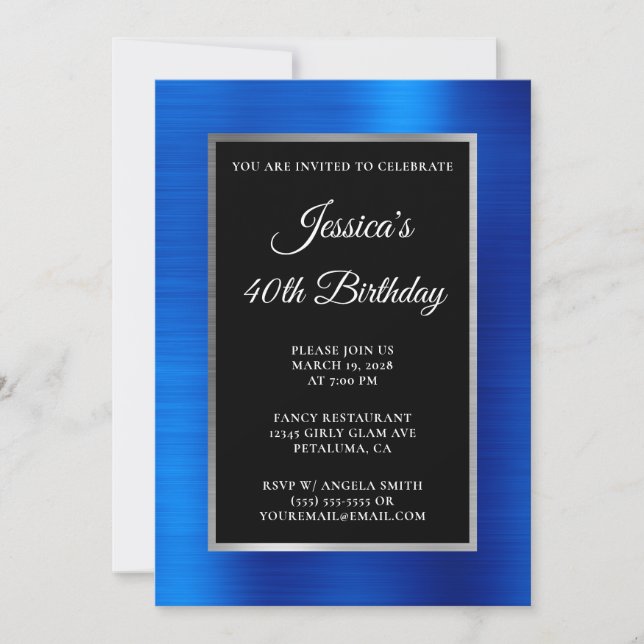 Royal Blue and Silver Foil Black 40th Birthday Invitation (Front)