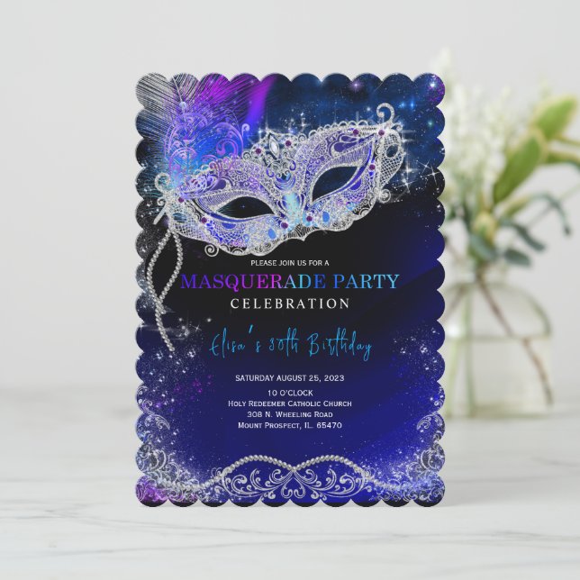 Royal Blue and Silver for Masquerade Party Invitation (Standing Front)