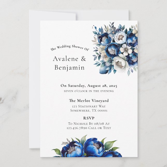 Royal Blue and Silver Glitter Peony Wedding Shower Invitation (Front)