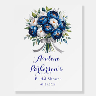 Royal Blue and Silver Glittery Peony Bridal Shower Foam Board