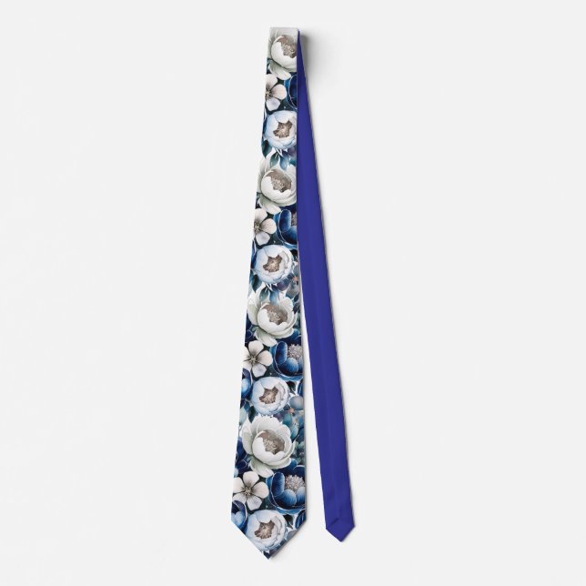 Royal Blue and Silver Glittery Peony Groom Neck Tie (Front)